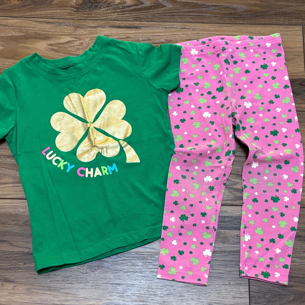 Green Lucky Charm Shirt and Pink Clover Leggings Set